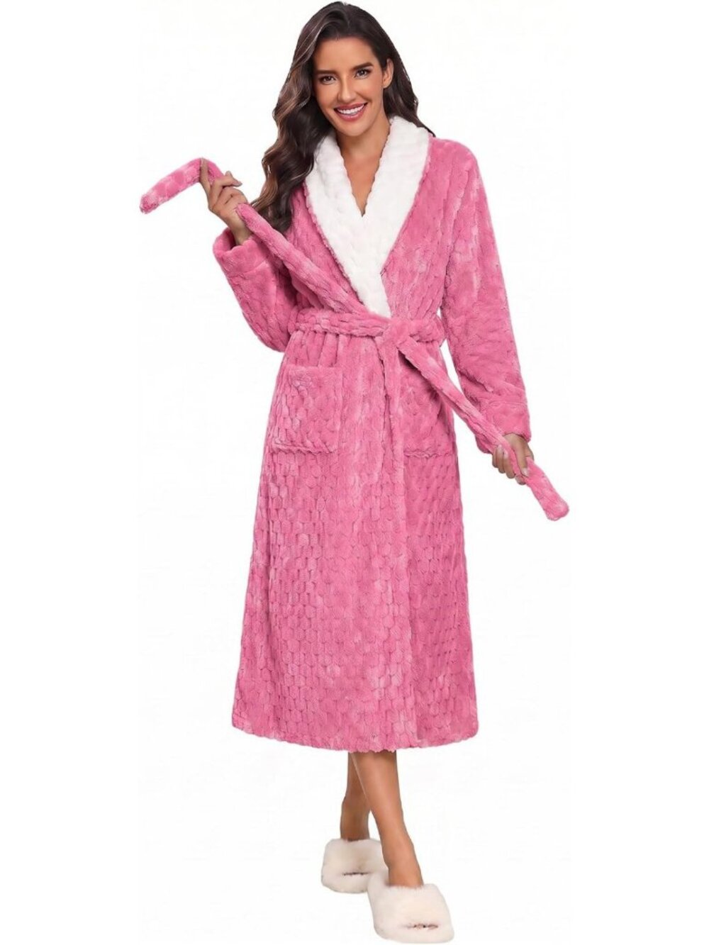 Cozy Long Plush Bathrobe with Pockets for Women - Winter Jacquard S-XXL